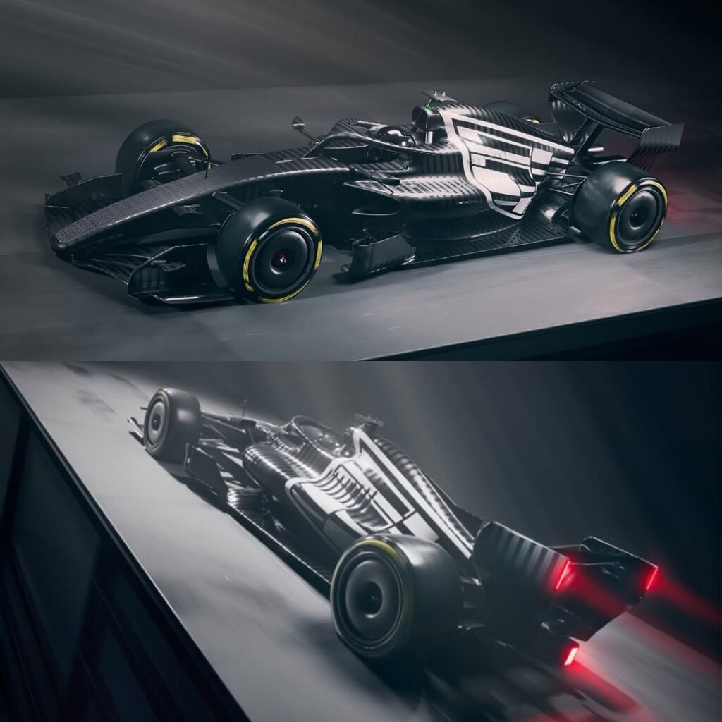 Composición con dos tomas del Cadillac F1: una lateral y otra tres cuartos frontal; carrocería negra con gráficos blancos, patrones que difuminan bordes.